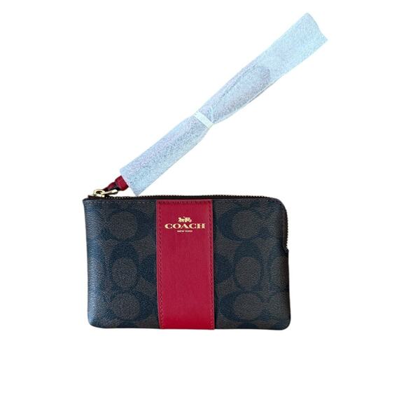 NWT Coach Corner Zip Wristlet in Signature Canvas - Gold/Brown 1941 Red - Picture 4 of 7